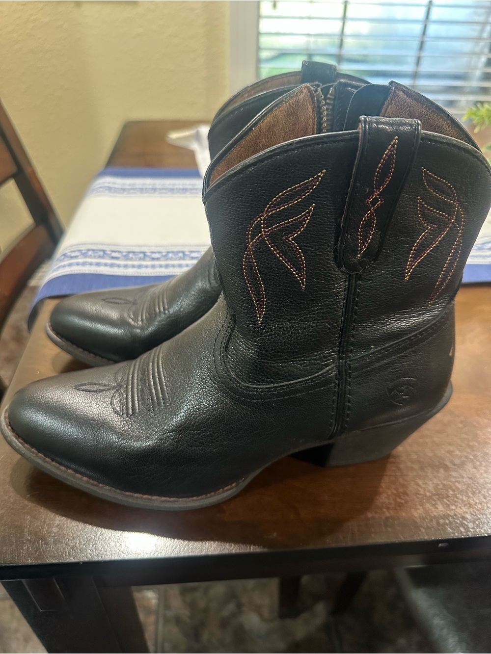 Ariat Black Leather Western Ankle Boots with Brown Stitching